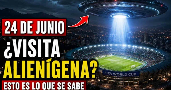 Estadio de fútbol iluminado con un ovni sobrevolando en la noche del 24 de junio