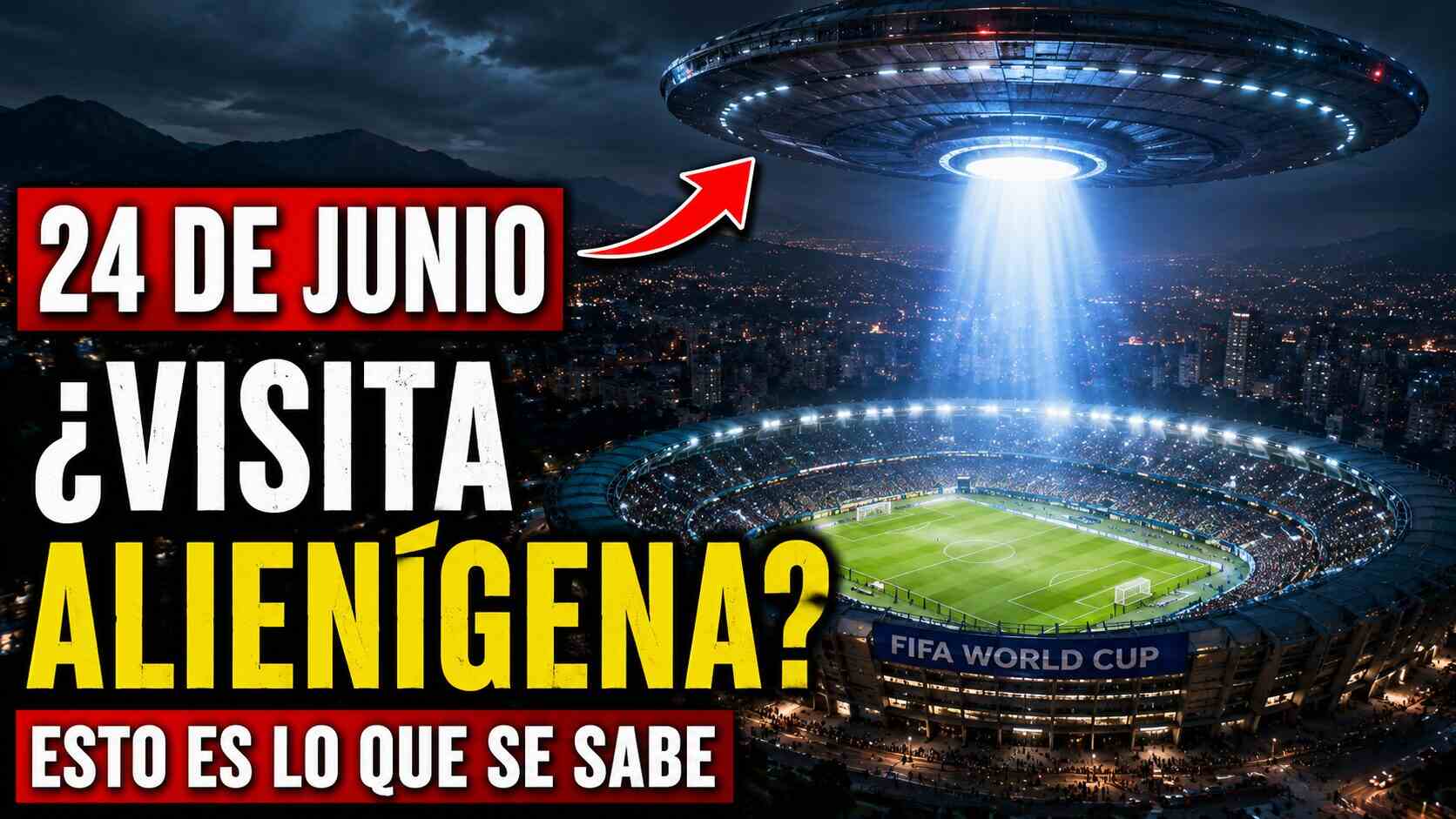 Estadio de fútbol iluminado con un ovni sobrevolando en la noche del 24 de junio