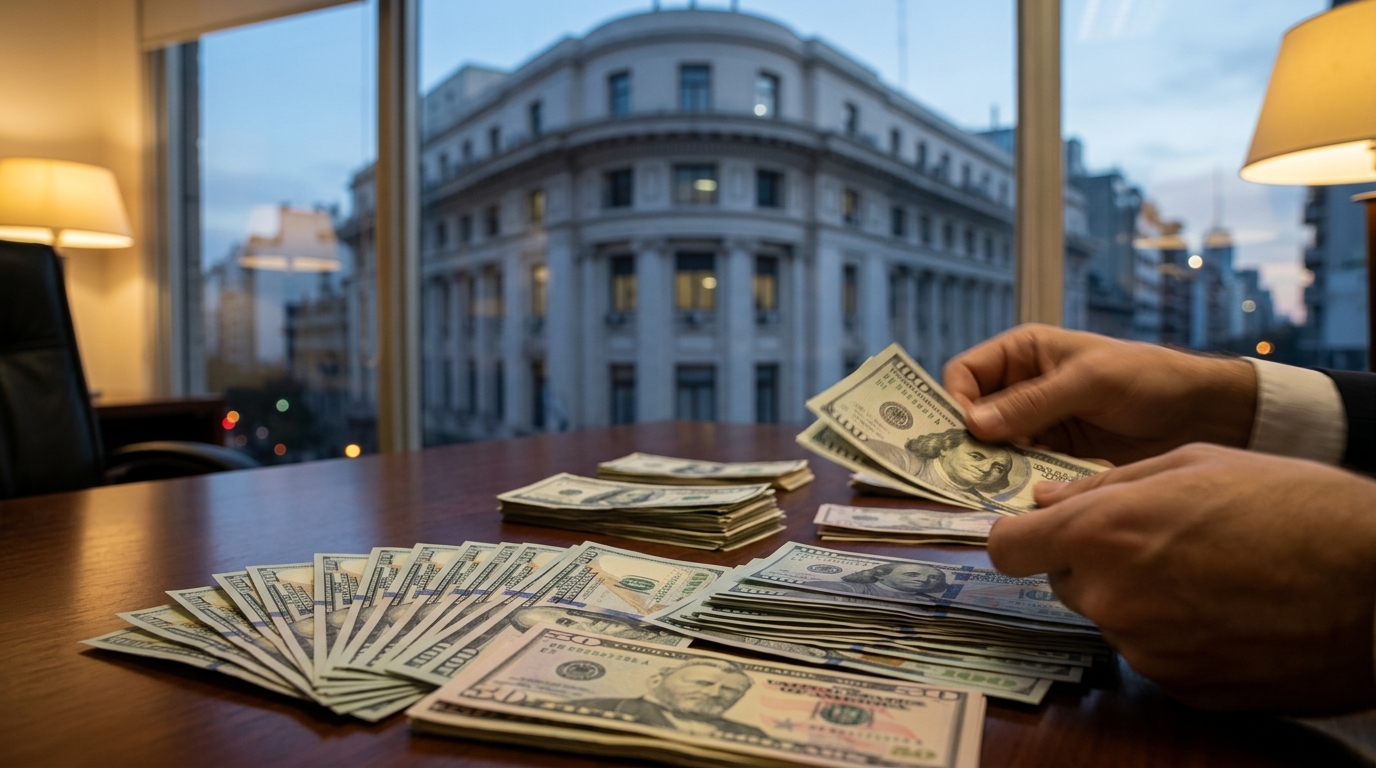 Persona contando billetes de dólar en una oficina con vista a un edificio emblemático