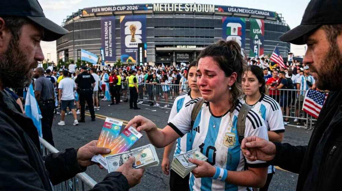 Fanática argentina llorando mientras sostiene entradas y dinero en Kansas City