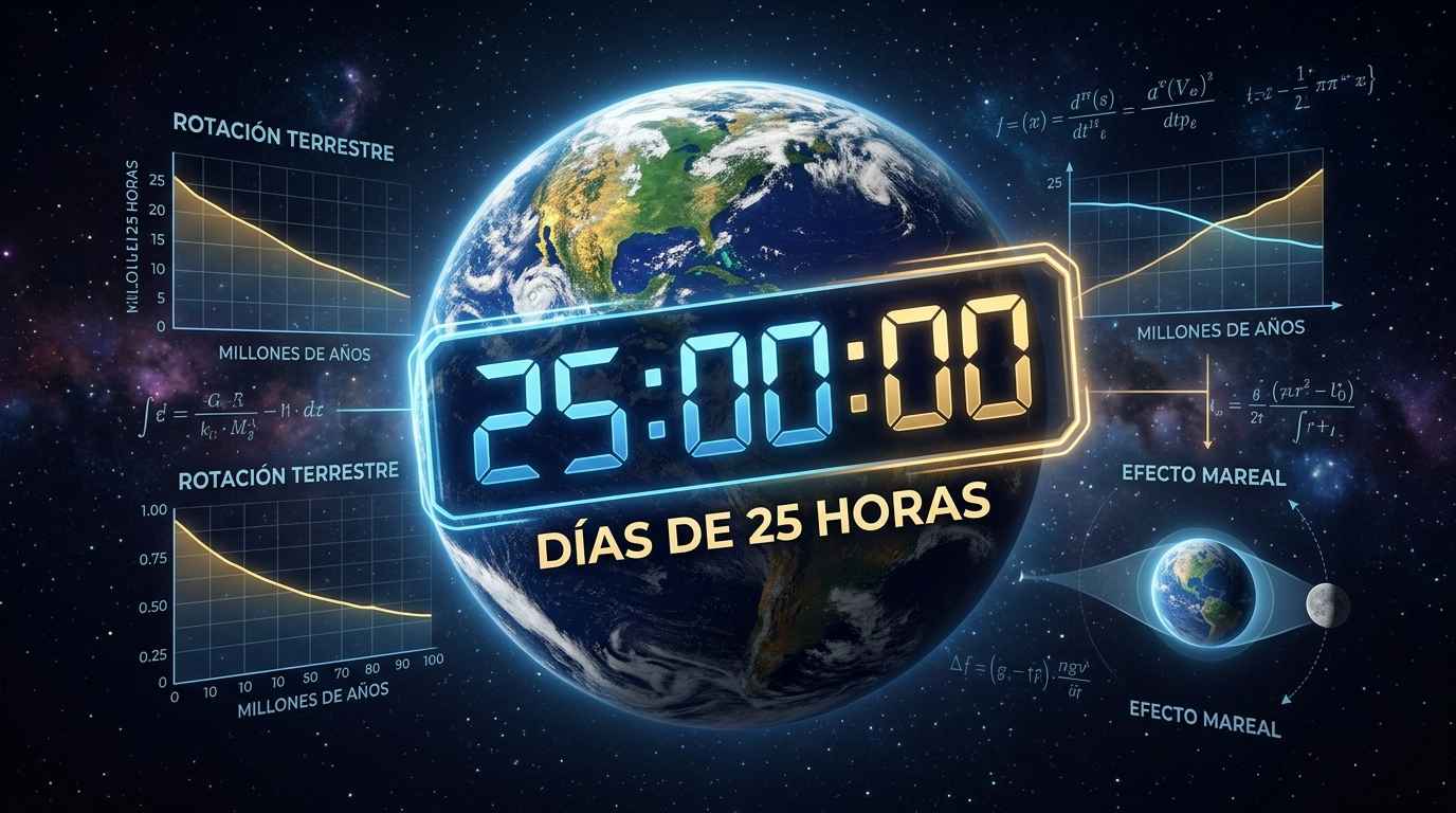 Representación gráfica de la Tierra con un reloj que indica 25 horas y gráficos sobre la rotación terrestre