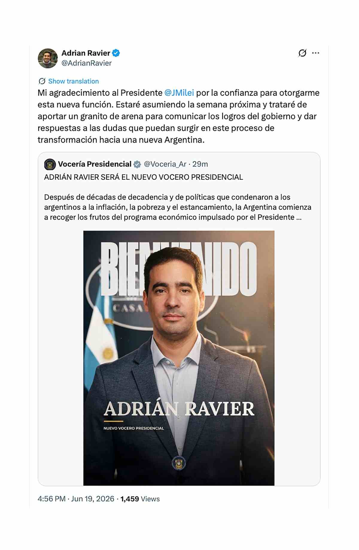 Adrián Ravier asume como nuevo vocero presidencial de Javier Milei