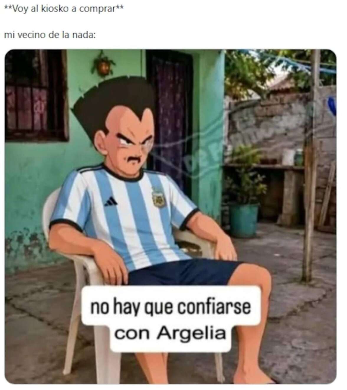 Meme de un personaje con camiseta de la selección argentina sentado en una casa con un mensaje humorístico sobre Argelia