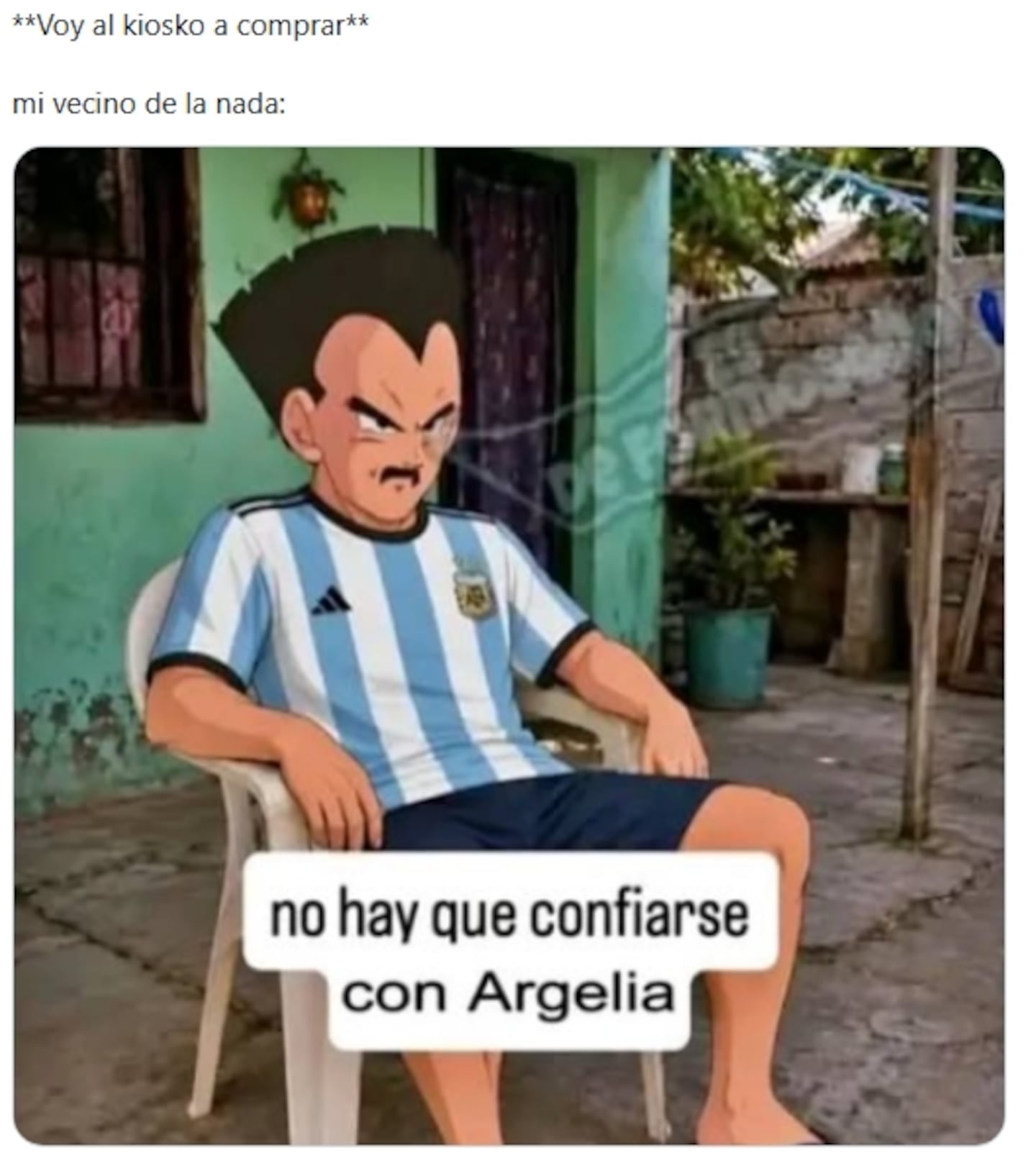 Meme de un personaje con camiseta de la selección argentina sentado en una casa con un mensaje humorístico sobre Argelia
