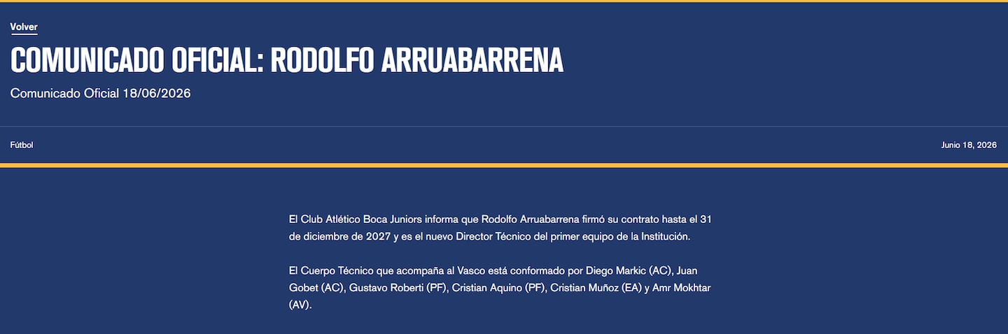 Comunicado oficial de Boca Juniors sobre la contratación de Rodolfo Arruabarrena como nuevo entrenador