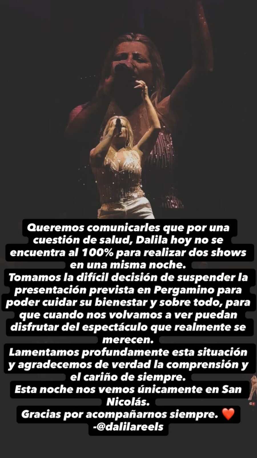 Dalila suspende show en Pergamino y preocupa a sus seguidores por su salud
