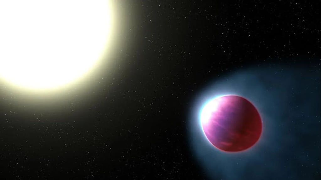 Representación artística del exoplaneta WASP-121b con lluvias de rubíes y zafiros