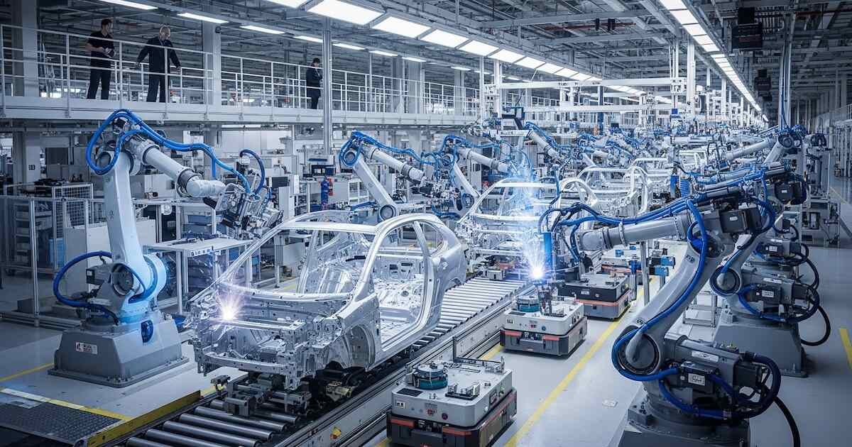 Fábrica de General Motors en Detroit con robots en la línea de montaje