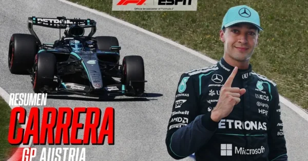 George Russell celebrando su victoria en el Gran Premio de Austria