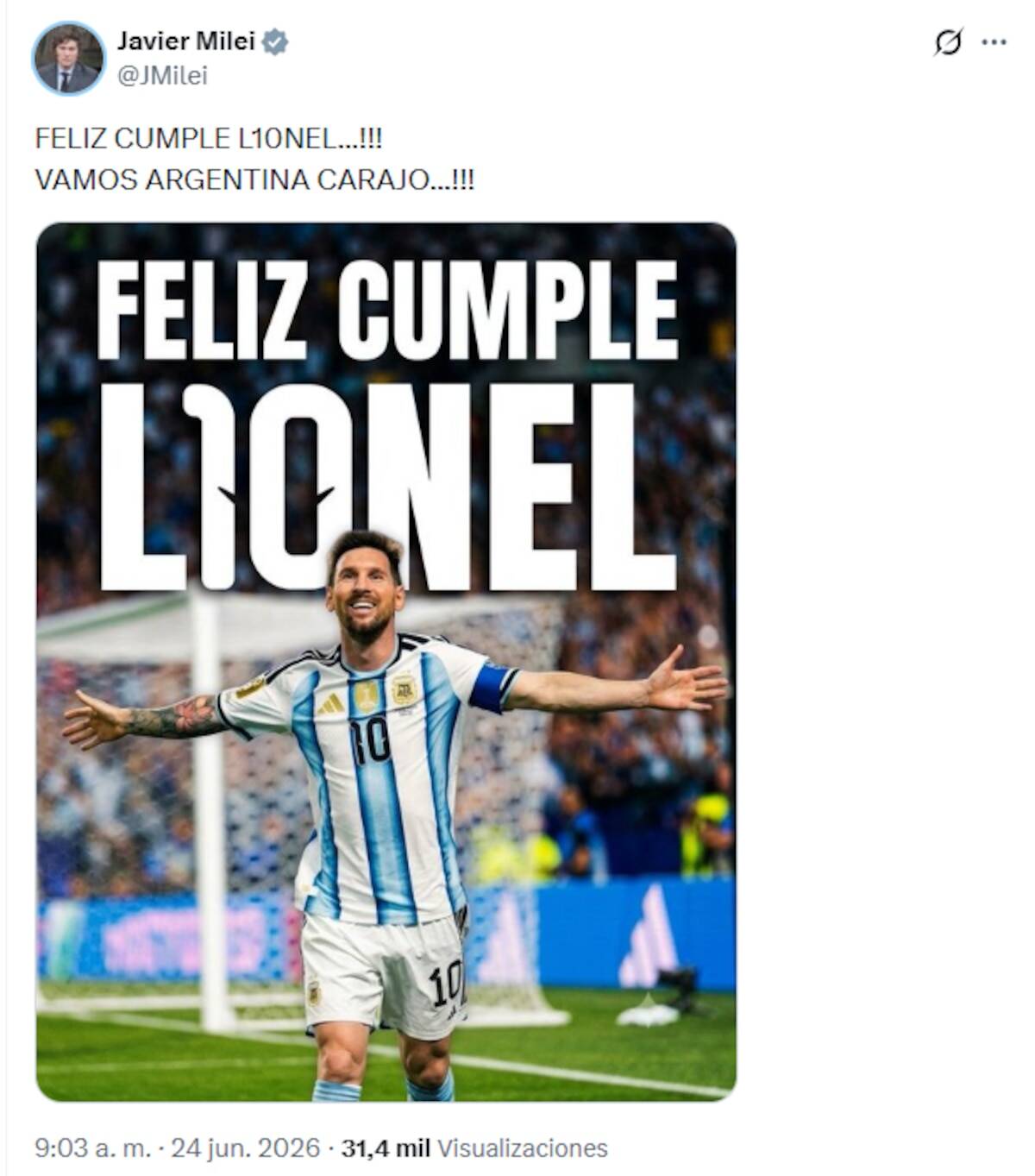Javier Milei envía un emotivo saludo a Lionel Messi en su cumpleaños