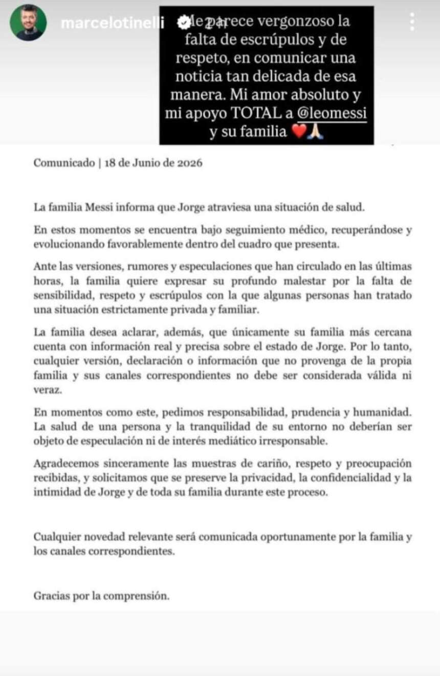 Comunicado sobre la salud de Jorge Messi emitido por la familia Messi