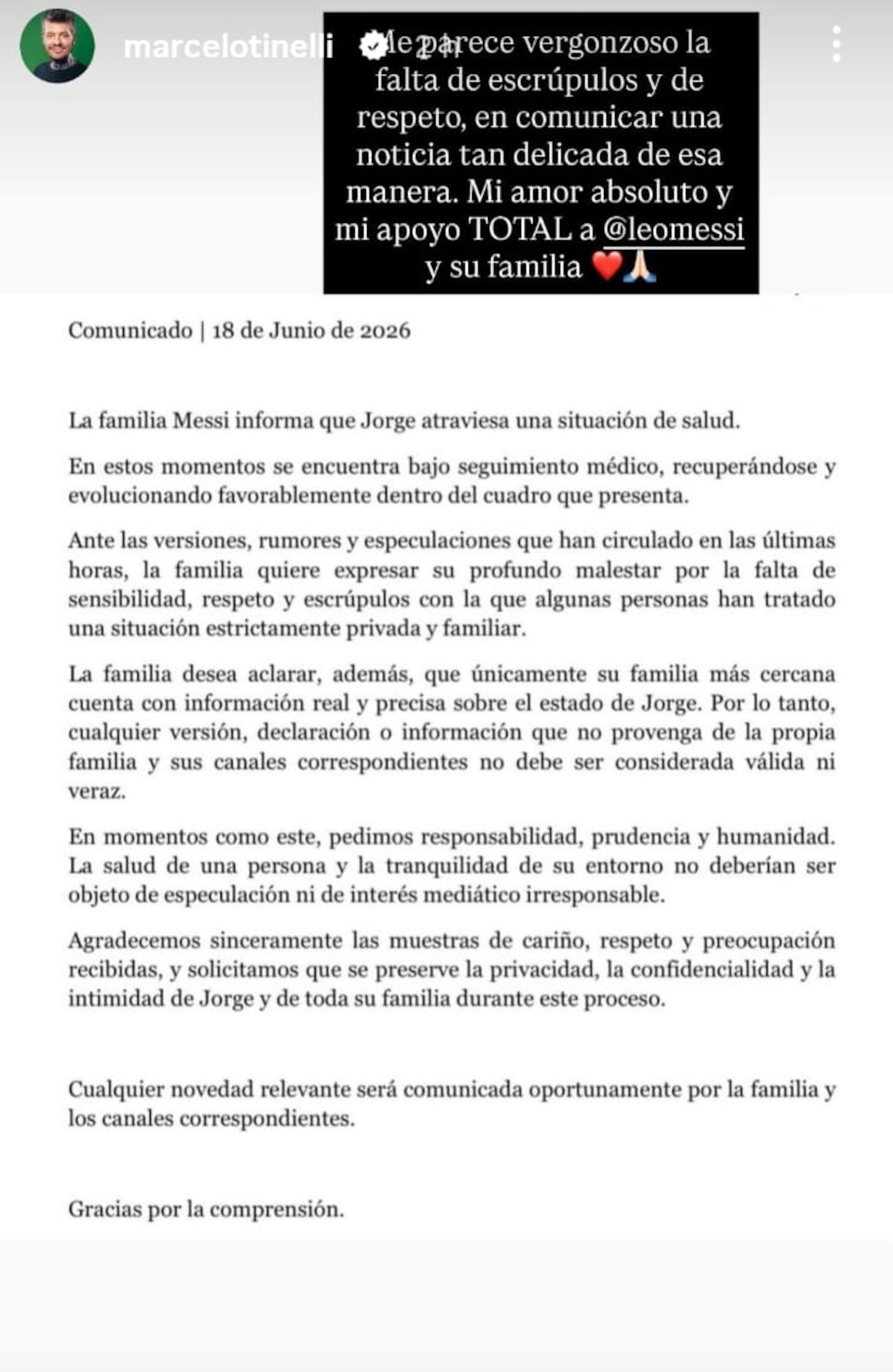 Comunicado sobre la salud de Jorge Messi emitido por la familia Messi