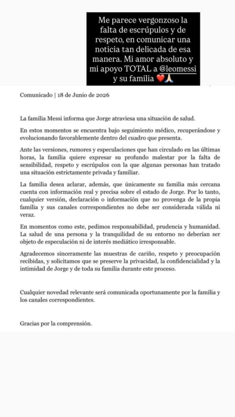 Comunicado de la familia Messi sobre la salud de Jorge Messi