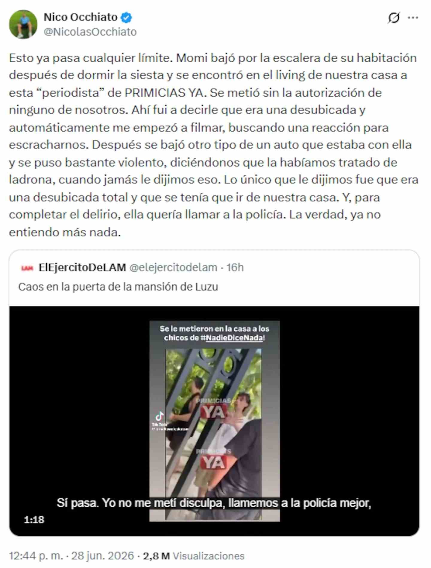 Nicolás Occhiato se enfurece por la invasión de una periodista a su hogar en Miami