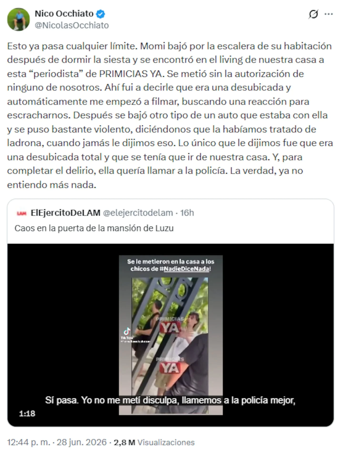 Nicolás Occhiato se enfurece por la invasión de una periodista a su hogar en Miami