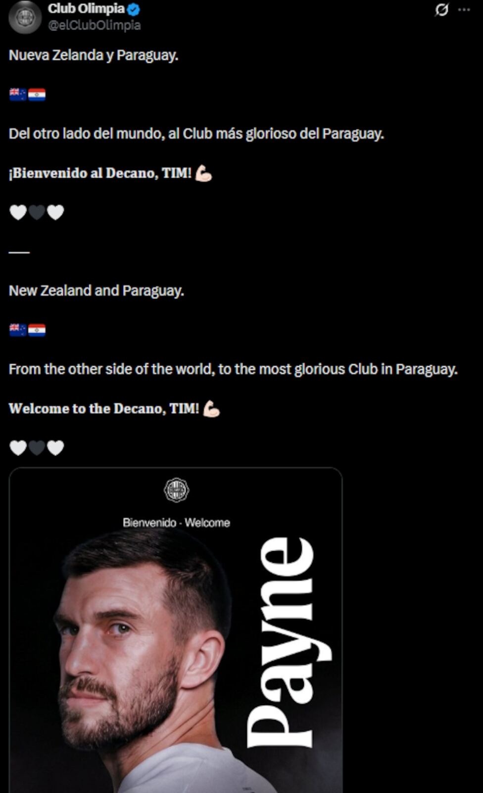 Tim Payne, nuevo jugador de Olimpia de Paraguay, en una imagen de bienvenida
