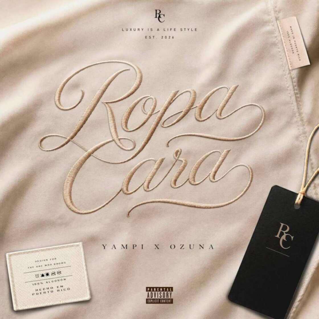 Portada del sencillo 'Ropa Cara' de Ozuna y Yampi con un diseño elegante