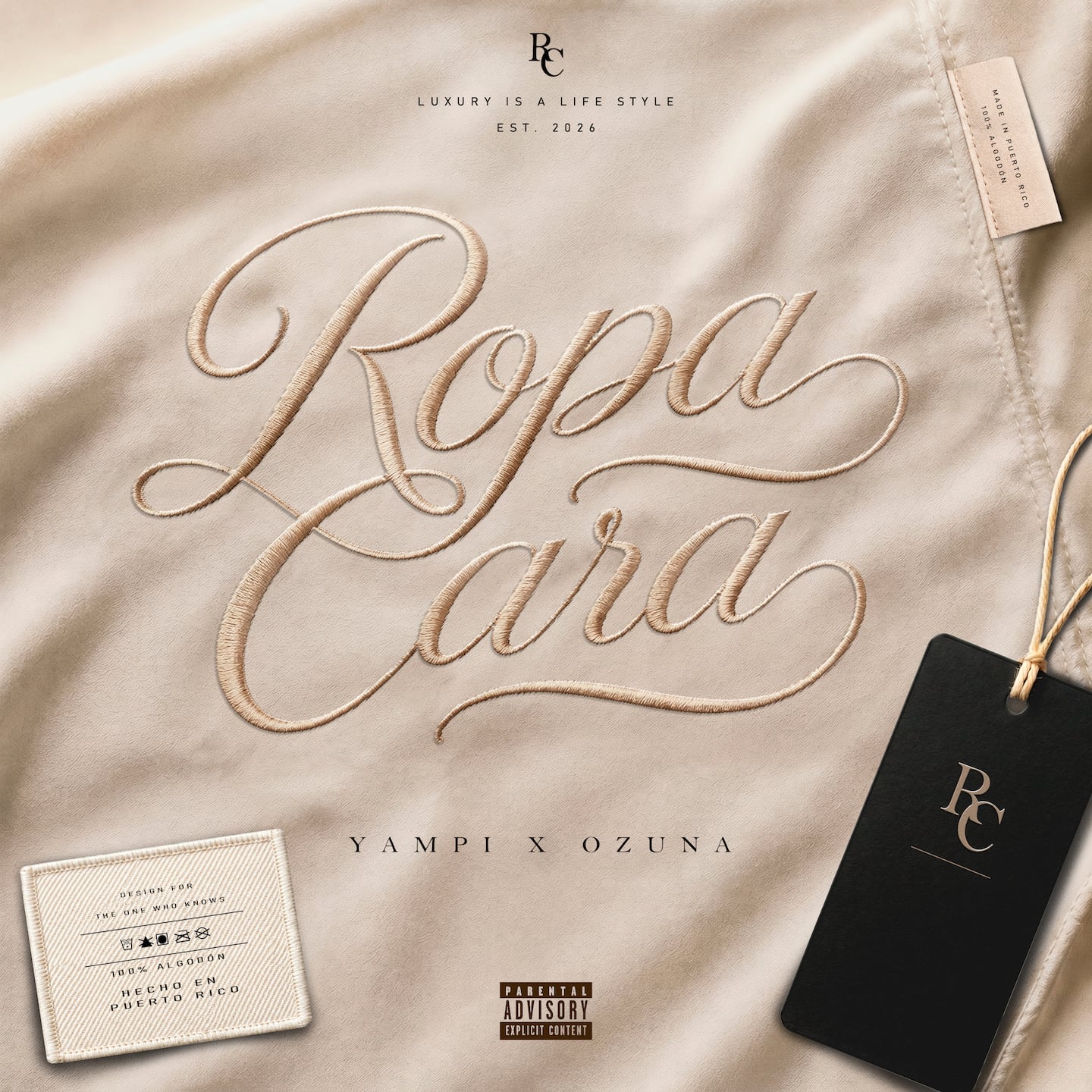 Portada del sencillo 'Ropa Cara' de Ozuna y Yampi con un diseño elegante
