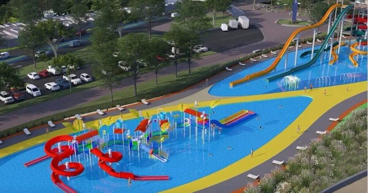 Render del nuevo parque acuático en Rosario con playa pública y áreas recreativas
