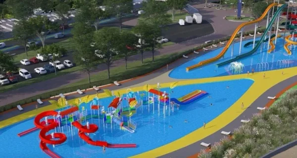 Render del nuevo parque acuático en Rosario con playa pública y áreas recreativas
