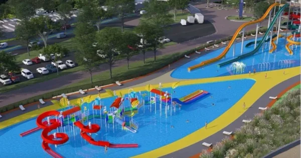 Render del nuevo parque acuático en Rosario con playa pública y áreas recreativas