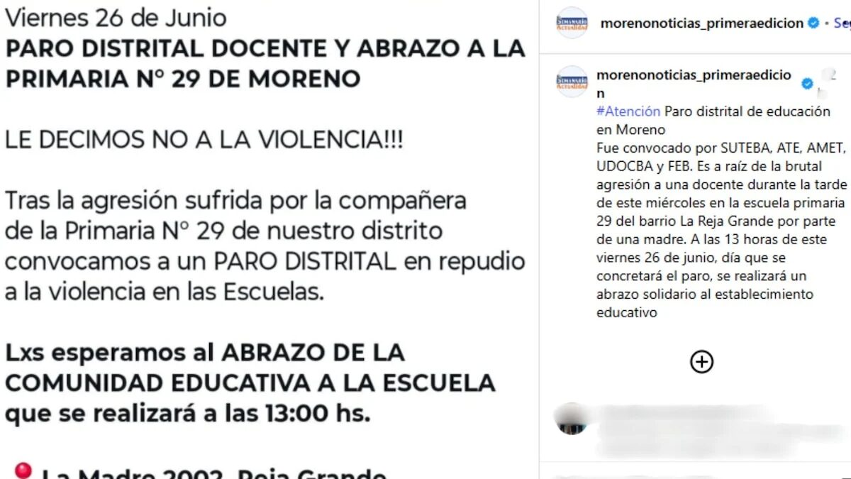 Una madre agredió a una docente en Moreno durante una reunión escolar