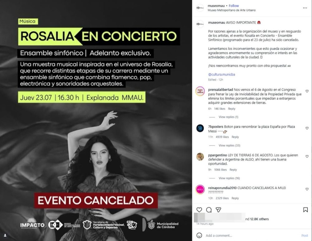 Cancelan tributo a Rosalía en Córdoba tras polémica por sus comentarios sobre Argentina