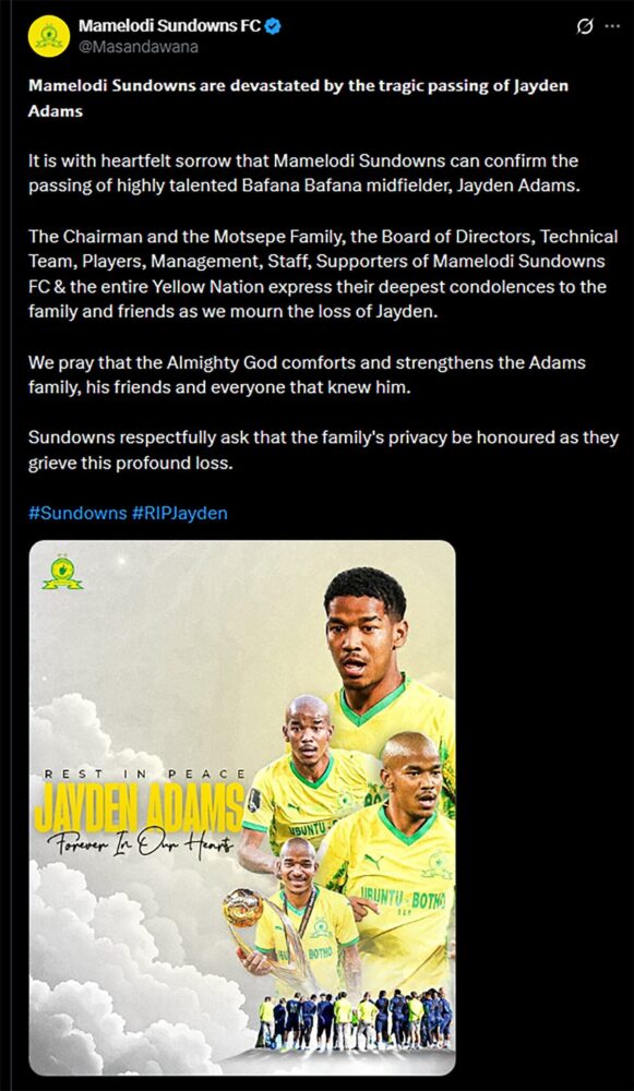 Falleció Jayden Adams, jugador de Sudáfrica en el Mundial 2026