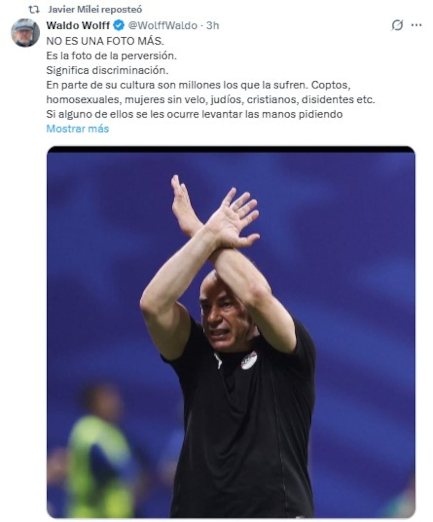Javier Milei respalda críticas a DT de Egipto: "La FIFA debería suspender a este payaso de por vida"