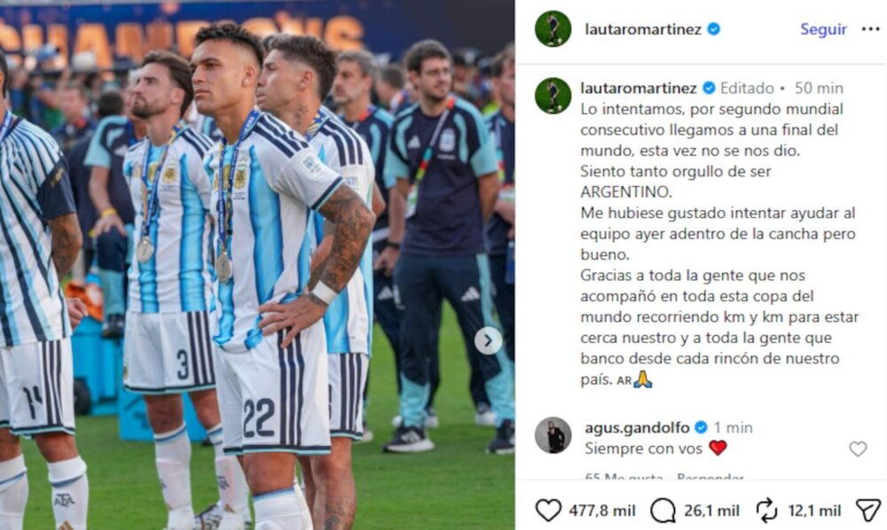 Lautaro Martínez se pronuncia tras no jugar la final: "Me hubiese gustado ayudar al equipo"