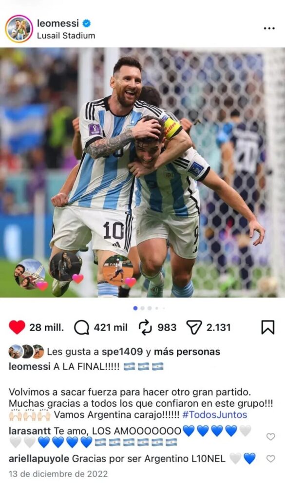 Messi comparte un posteo idéntico tras la victoria sobre Inglaterra en semifinales