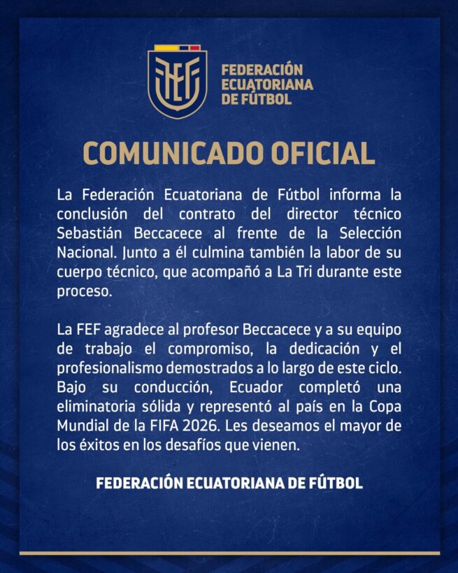 Sebastián Beccacece deja la selección de Ecuador tras la eliminación en el Mundial 2026