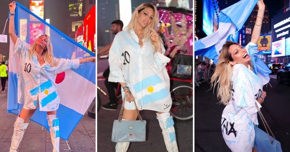 Vicky Xipolitakis en Times Square con look argentino