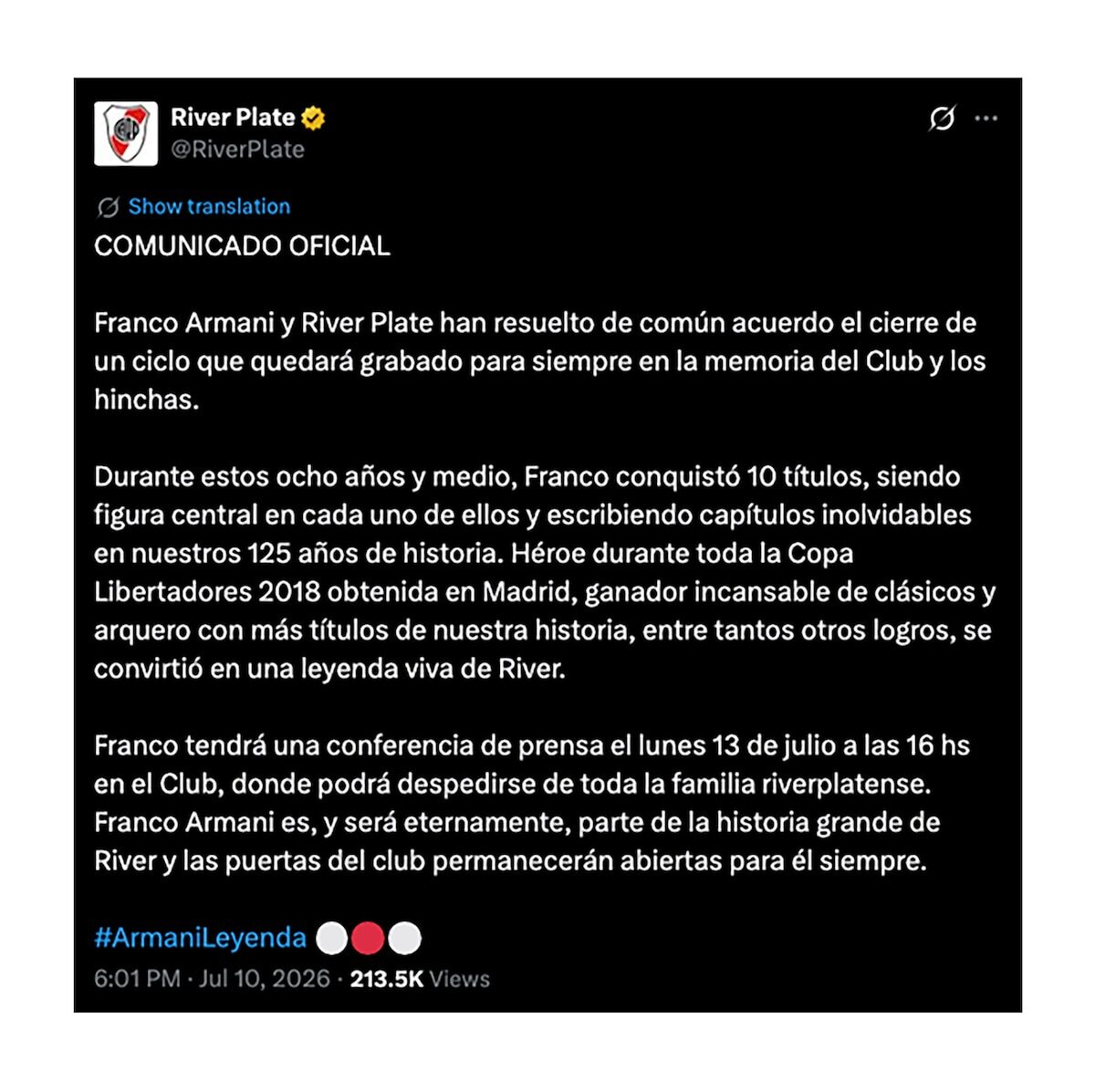 VIDEO: FRANCO ARMANI SE DESPIDE DE RIVER PLATE TRAS UNA EXITOSA ETAPA