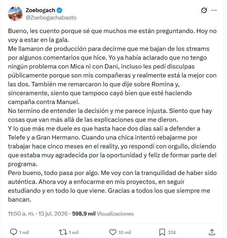 Zoe Bogach fue desvinculada del streaming de Gran Hermano: sus declaraciones y la respuesta de sus abogados