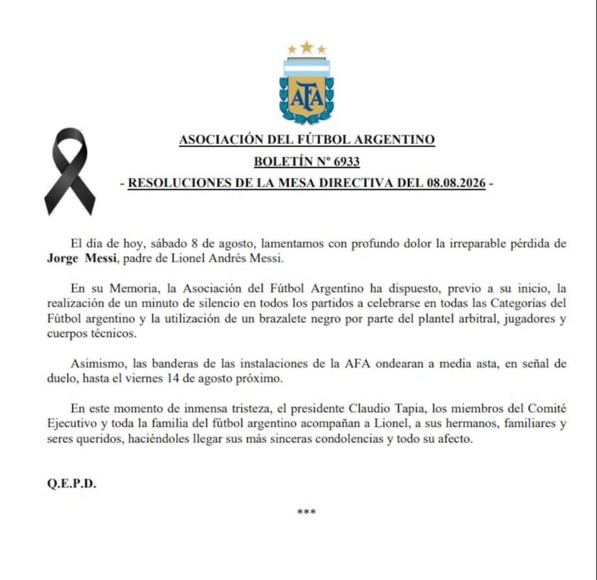La AFA implementa medidas de duelo tras el fallecimiento de Jorge Messi