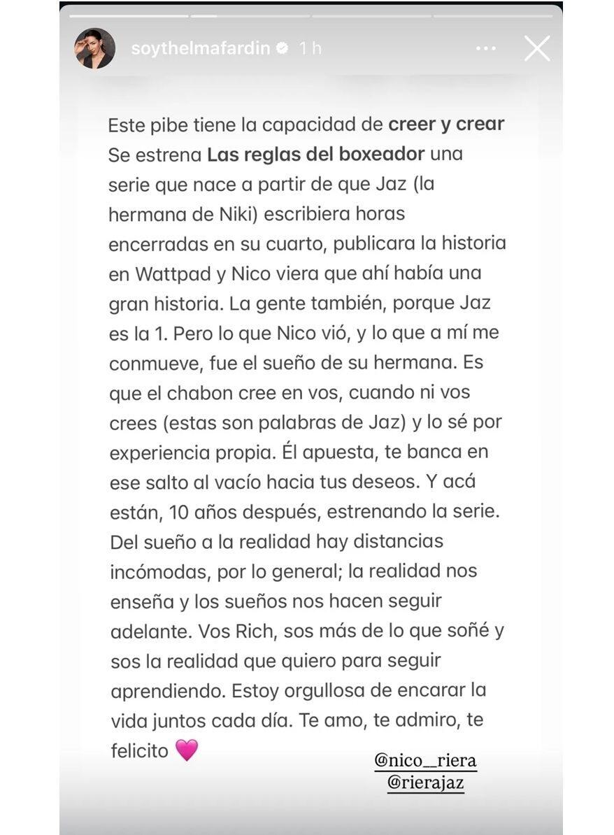 Thelma Fardin celebra el nuevo proyecto de Nico Riera con un emotivo mensaje